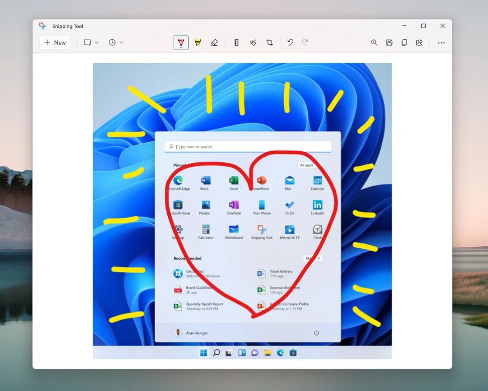 Microsoft screenshot of the Snipping Tool editor. An added highlight identifies the disk-shaped Save button at the upper right. Microsoft’s example picture contains coloured annotations.