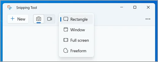 Microsoft screenshot with the shape menu open. Rectangle is the first option, above Window, Full screen and Freeform.