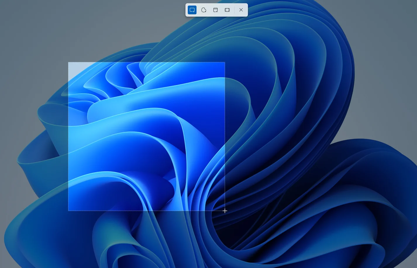 Actual Windows 11 capture screen showing a bright rectangle against a dimmed desktop. Added markers show where to hold the mouse and where to release it.