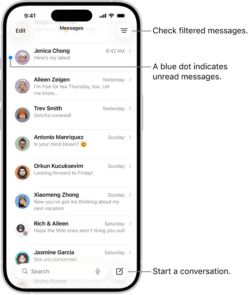 Official Apple Messages conversation list