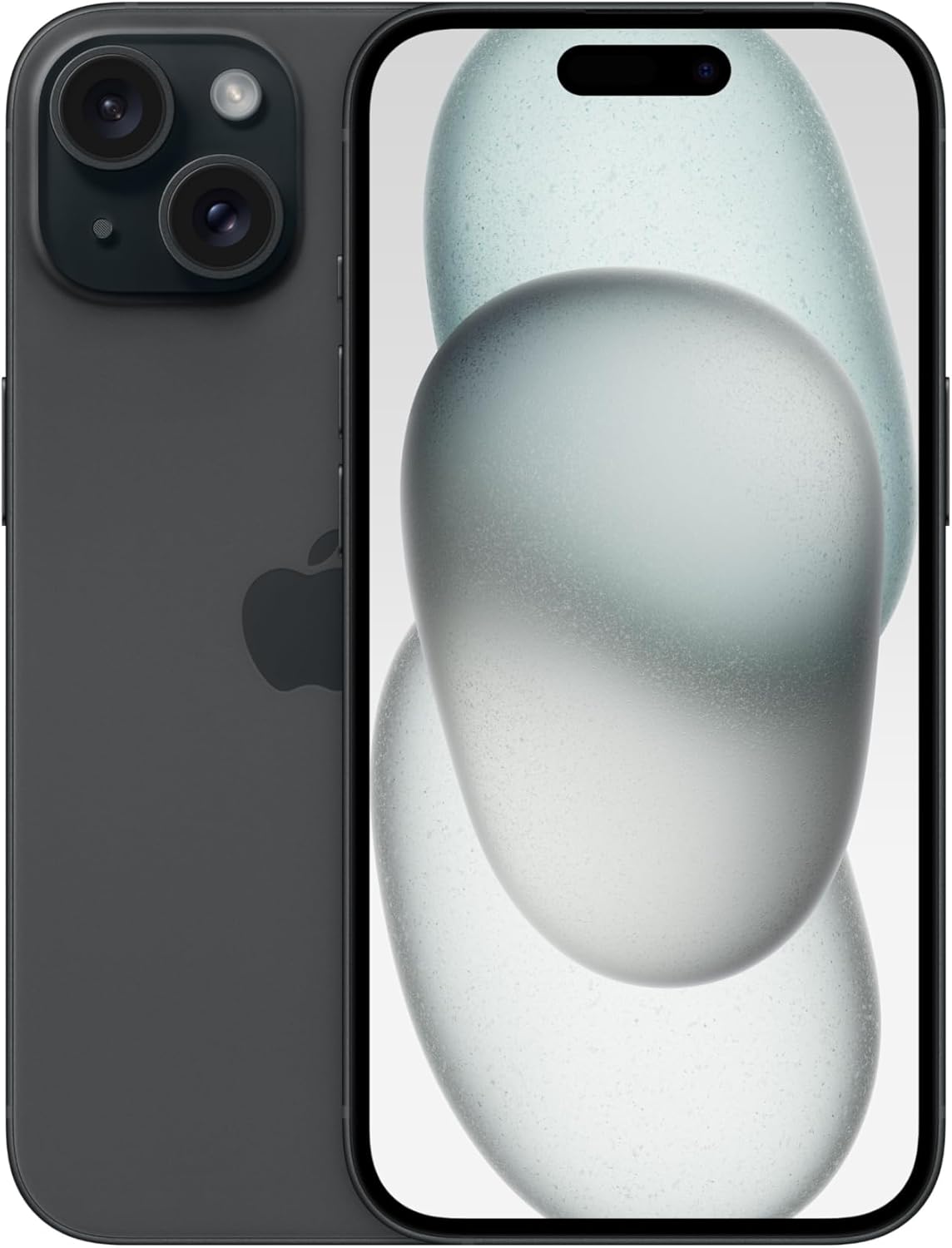 Black Apple iPhone 15 with 128GB storage, front and back