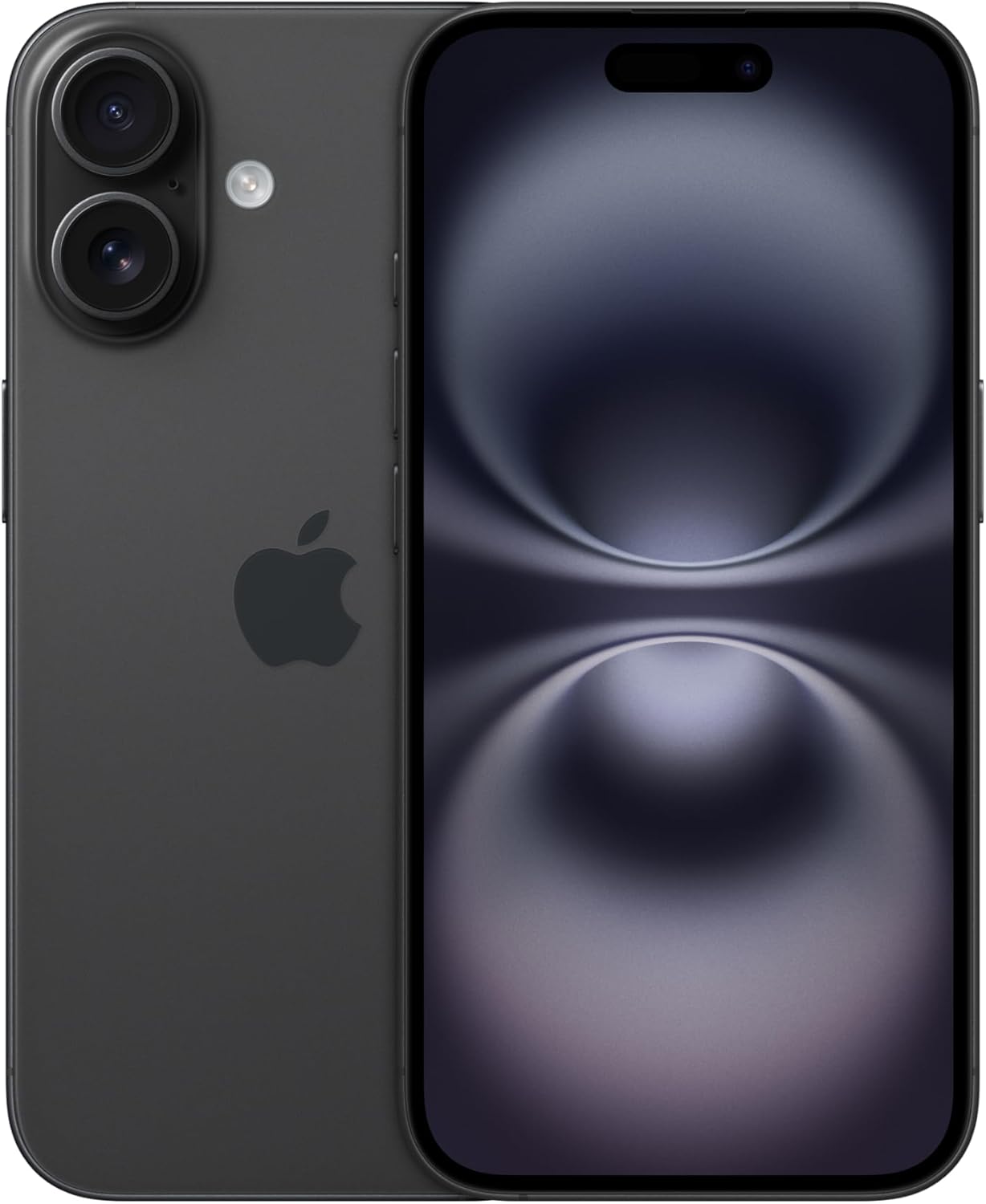 Black Apple iPhone 16 with 128GB storage, front and back