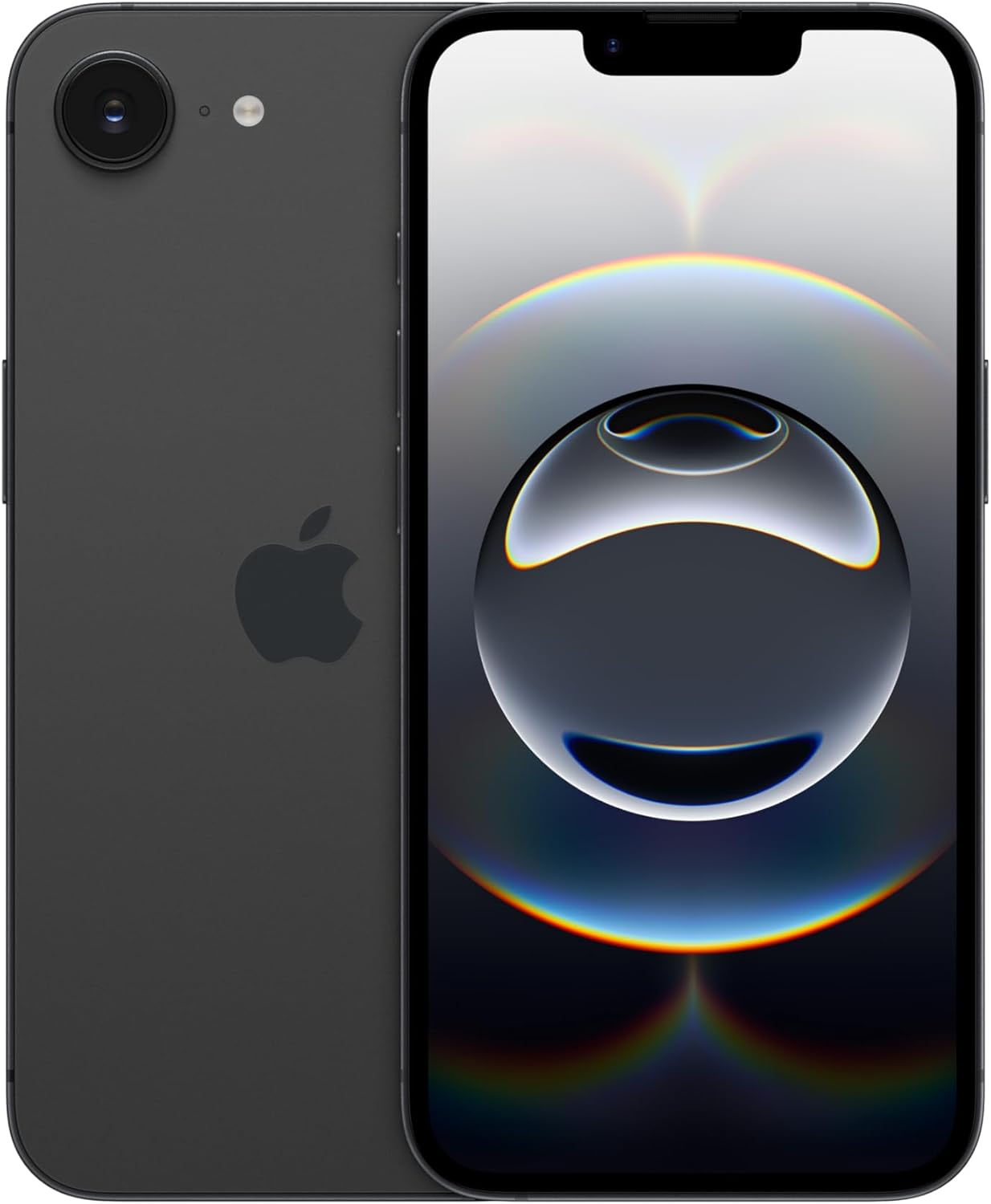 Black Apple iPhone 16e with 128GB storage, front and back
