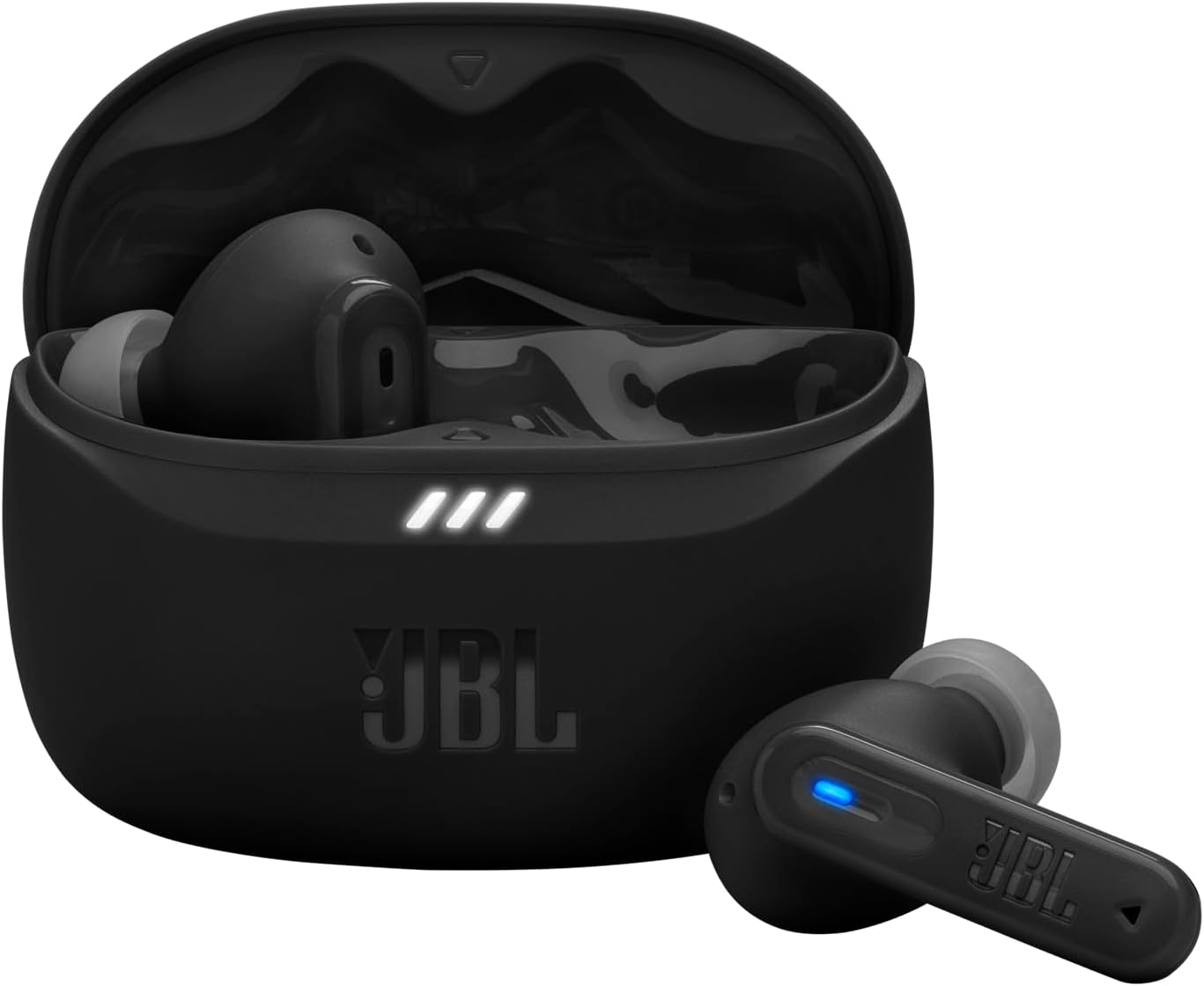 Black JBL Tune Beam 2 wireless earbuds and charging case