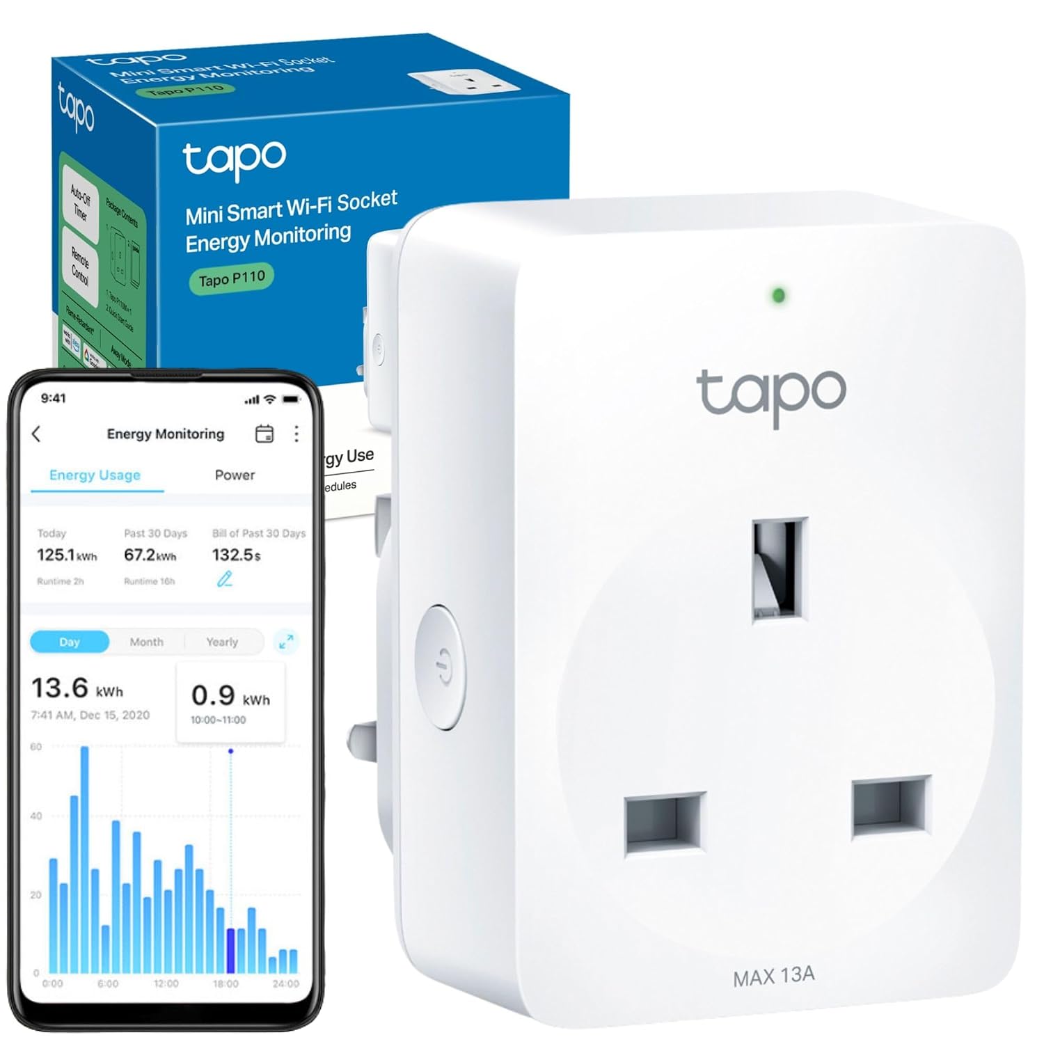 White TP-Link Tapo P110 UK smart plug, box and app