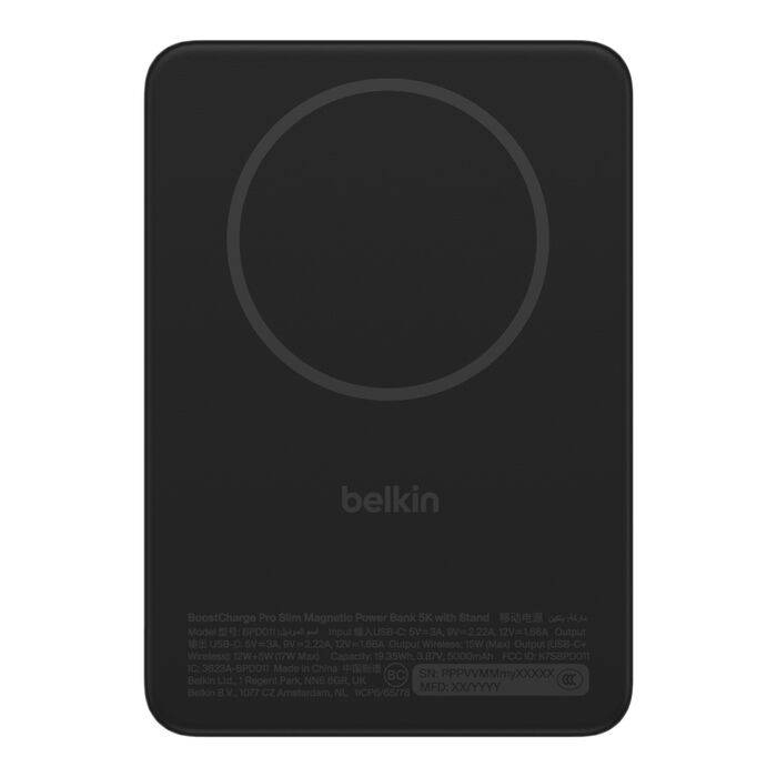 Black Belkin BoostCharge Slim Magnetic Power Bank 5K with built-in stand