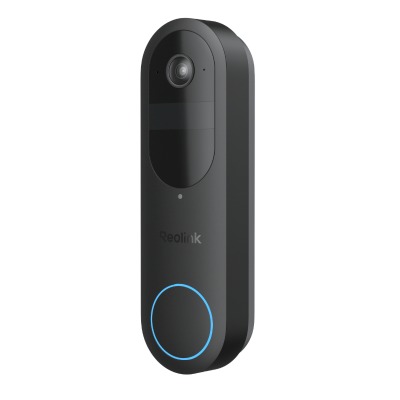 Reolink Battery Video Doorbell (2nd Gen) in black with its blue-lit doorbell button